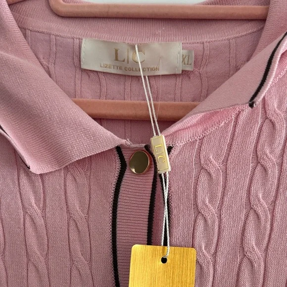 Pink Cable Knit Cardigan with Brown Trim - Picture 2 of 3